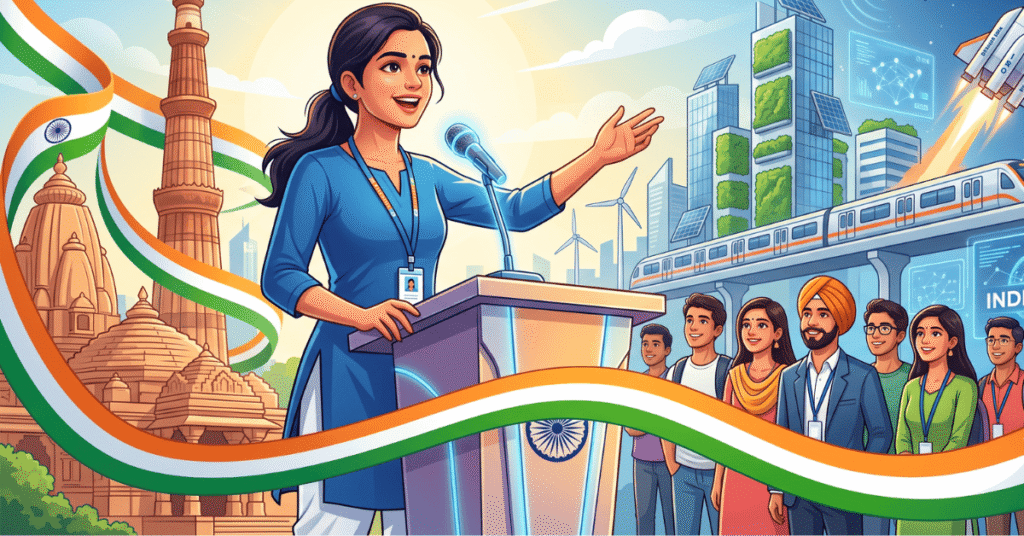 15 अगस्त 2026 स्वतंत्रता दिवस पर भाषण देती भारतीय छात्रा और विकसित भारत 2026 की आधुनिक पृष्ठभूमि