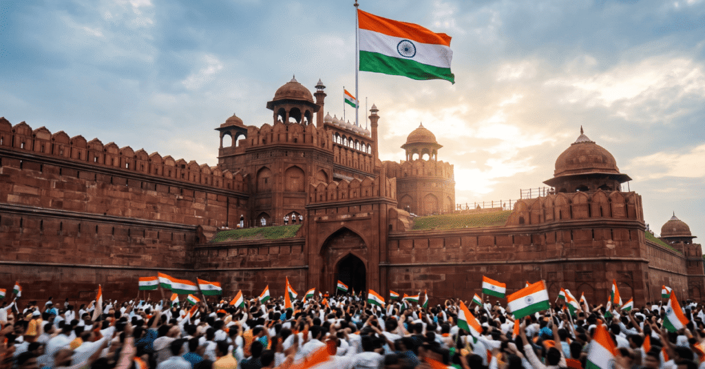 15 अगस्त स्वतंत्रता दिवस भाषण के लिए दिल्ली के लाल किले पर फहराता भारतीय तिरंगा और जनता