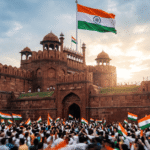 15 अगस्त स्वतंत्रता दिवस भाषण के लिए दिल्ली के लाल किले पर फहराता भारतीय तिरंगा और जनता