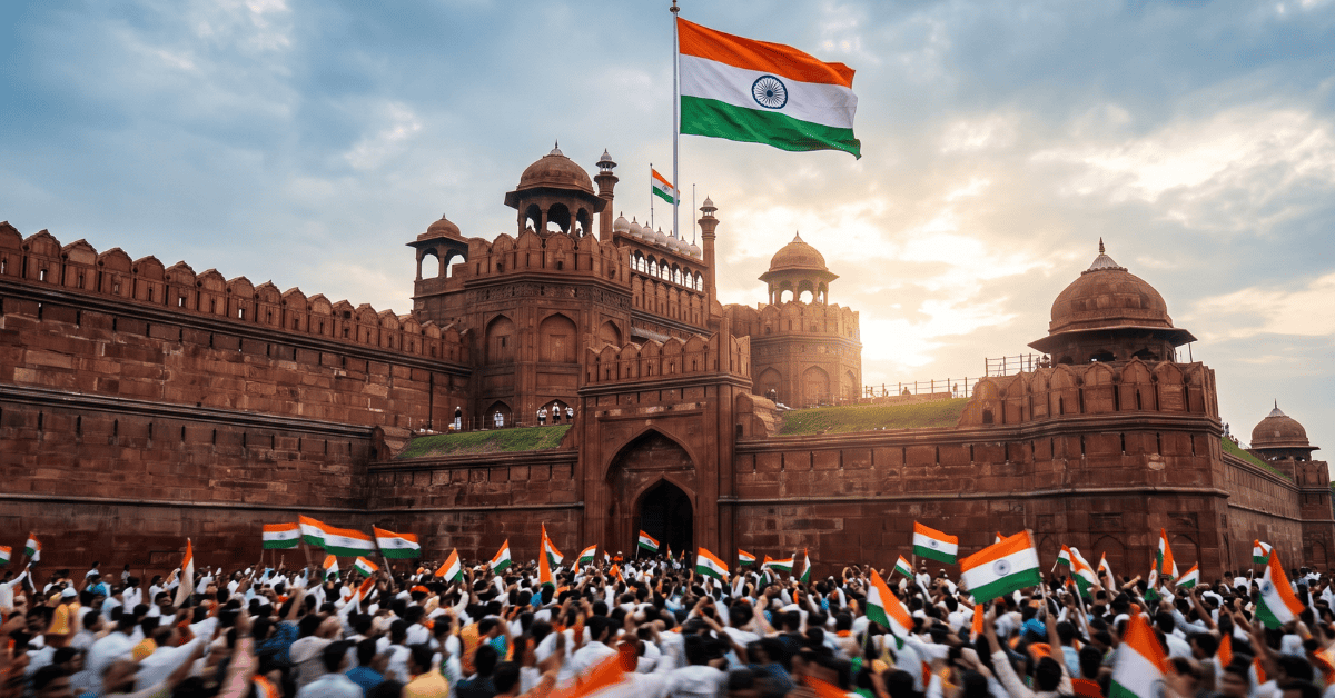15 अगस्त स्वतंत्रता दिवस भाषण के लिए दिल्ली के लाल किले पर फहराता भारतीय तिरंगा और जनता