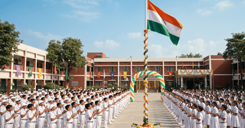School children gathered for flag hoisting during independence day 15th august speech in english event