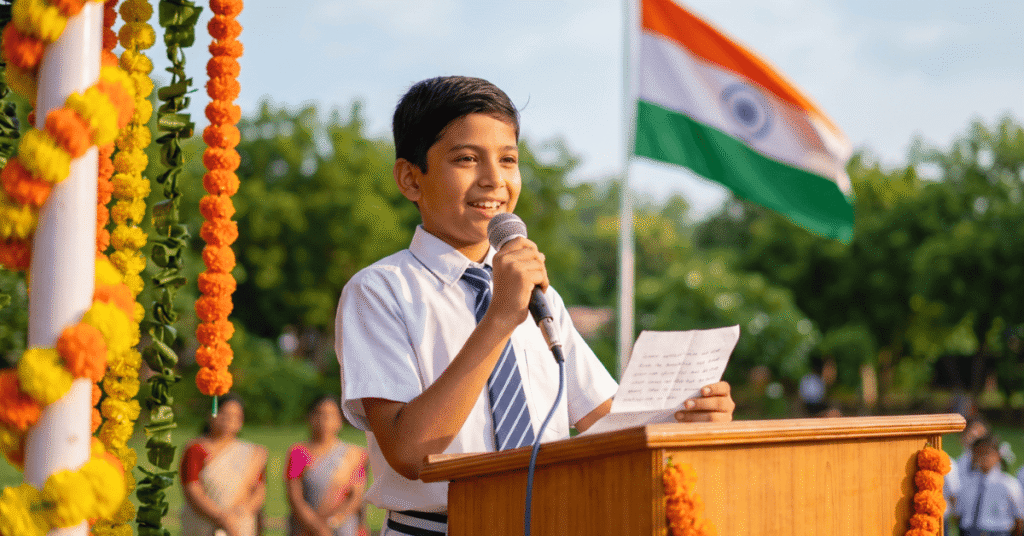 School student delivering an independence day 15th august speech in english at school assembly
