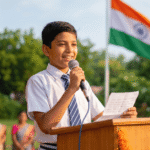 School student delivering an independence day 15th august speech in english at school assembly