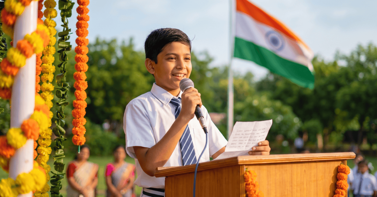School student delivering an independence day 15th august speech in english at school assembly